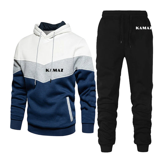 2025 Primavera e Autunno Uomo KAMAZ TRUCK Logo Stampa Convenzione Tasca Pullover Sport all'aria aperta Felpe con cappuccio + Pantaloni lunghi casual Tute