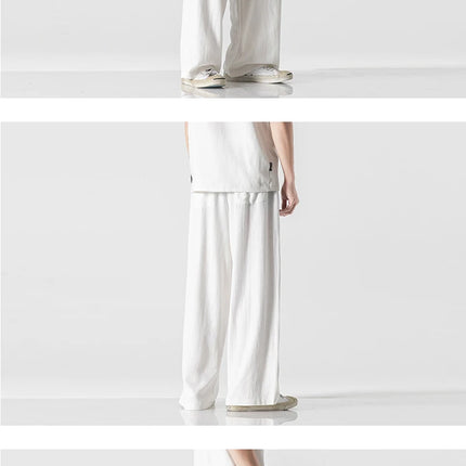 Pantaloni da uomo in cotone e lino, comodi, traspiranti, con elastico in vita, pantaloni da uomo in tinta unita, casual, stile Harajuku, pantaloni larghi a gamba dritta