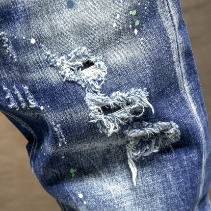 Spring and Autumn New Fashion Trend Ripped Retro Straight Leg Blue Jeans Men's Casual Loose Comfortable Breathable Denim Pants PlatiNum