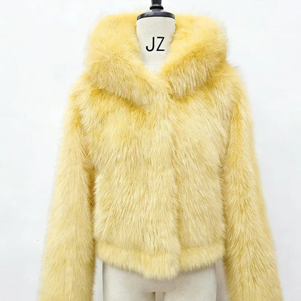 BKQU Winter Pink Imitation Fur Coat Elegant Big Fur Trim Hood Women's Jacket Warm Plush Cropped Sweet Lady Faux Fur Coat  2026
