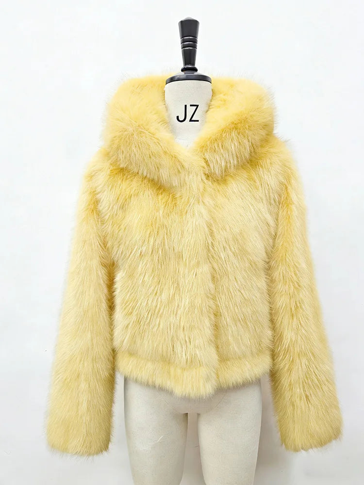 BKQU Winter Pink Imitation Fur Coat Elegant Big Fur Trim Hood Women's Jacket Warm Plush Cropped Sweet Lady Faux Fur Coat  2026