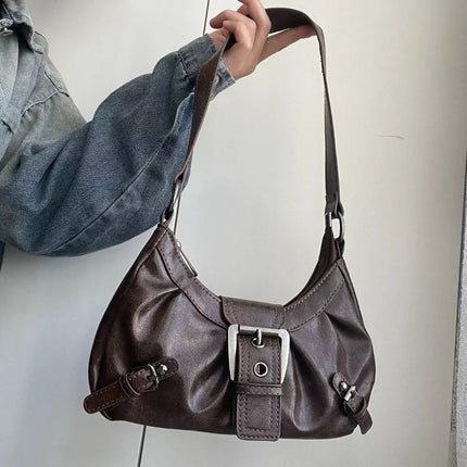 Y2K Vintage Distressed Leather Women Bag Shoulder Bag Maillard Style Underarm Purse Two Tone Crossbody Bag for Women PlatiNum