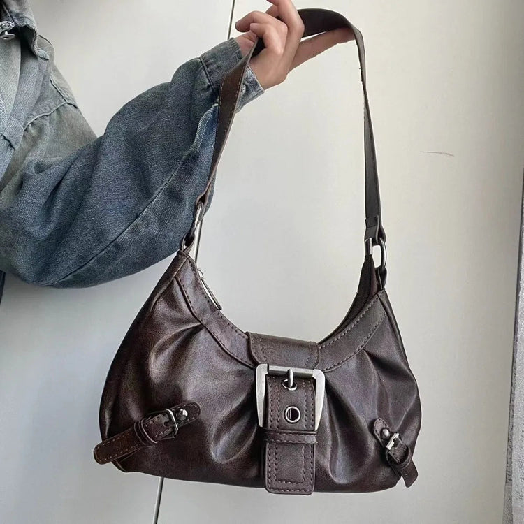 Y2K Vintage Distressed Leather Women Bag Shoulder Bag Maillard Style Underarm Purse Two Tone Crossbody Bag for Women PlatiNum