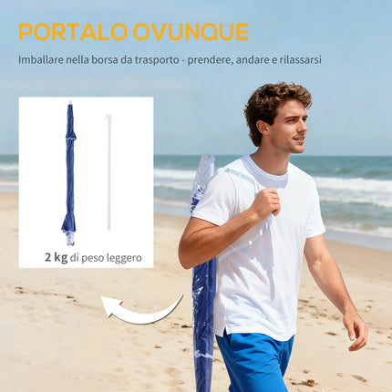 Outsunny Beach Umbrella Ø2.1x2.2 m with Side Flap, Carry Bag and Stakes, Garden Umbrella with 8 Ribs and 2-Section Metal and Polyester Design, UV50+, Blue