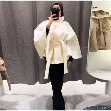 Faux Fur Cloak Jackets Women Loose Standneck Three Button Wide Sleeves Belt Coats Female 2026 Autumn Solid Chic Fashion Outwears