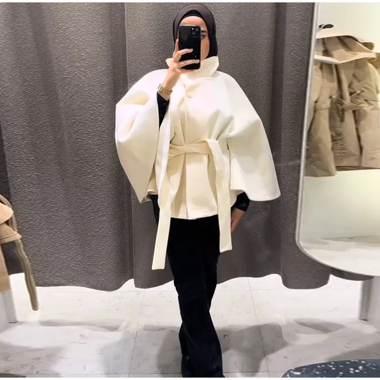 Faux Fur Cloak Jackets Women Loose Standneck Three Button Wide Sleeves Belt Coats Female 2026 Autumn Solid Chic Fashion Outwears