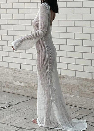 Abito lungo a maniche lunghe senza schienale lavorato a maglia di nuovo stile Abito lungo da donna per le vacanze al mare Copricostume trasparente per protezione solare platinumshop