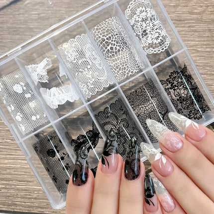 10 Rolls 4x50CM Black White Lace Transfer Nail Sticker Sexy Flower Lace Nail Art Transfer Foils Paper for DIY Manicure Decals*@# 2028