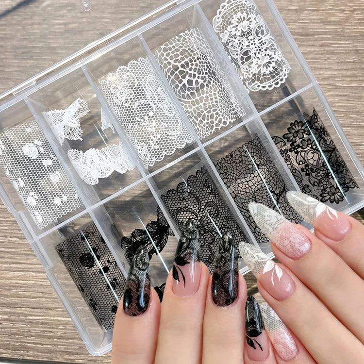 10 Rolls 4x50CM Black White Lace Transfer Nail Sticker Sexy Flower Lace Nail Art Transfer Foils Paper for DIY Manicure Decals*@# 2028