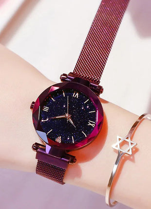 Orologi da donna con cielo stellato alla moda, fibbia magnetica, cintura in rete, orologio al quarzo con diamanti, orologio da donna platinumshop