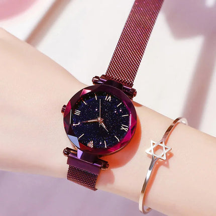Orologi da donna con cielo stellato alla moda, fibbia magnetica, cintura in rete, orologio al quarzo con diamanti, orologio da donna platinumshop