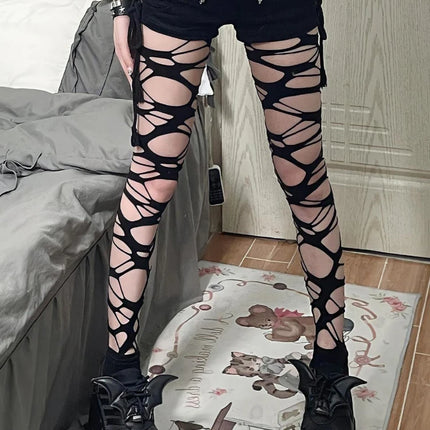 Collant a Rete Neri Irregolari da Donna, Stile Punk Goth, per Ragazze Audaci, Subcultura JK, Strappati, Moda Lolita
