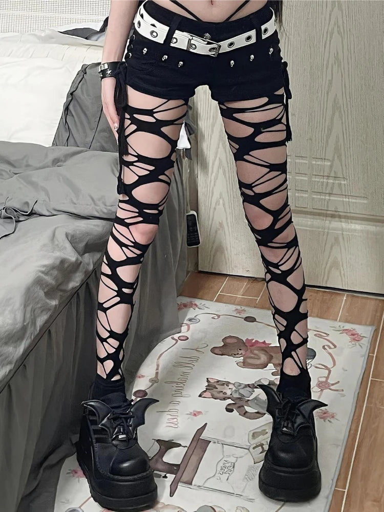 Collant a Rete Neri Irregolari da Donna, Stile Punk Goth, per Ragazze Audaci, Subcultura JK, Strappati, Moda Lolita