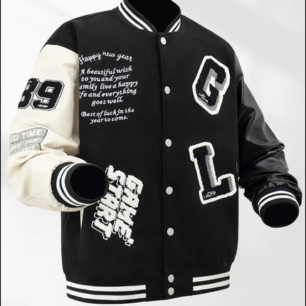 Men's Casual Varsity Jacket Racing Letterman Baseball Coat Vintage Embroidery Outerwear Streetswear with Faux Leather Sleeves