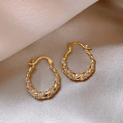 Luxury Shiny Zircon Twisted Hoop Earrings for Women Fashion Gold Color U Shaped Geometric Earrings Ear Accessories Party Jewelry PlatiNum