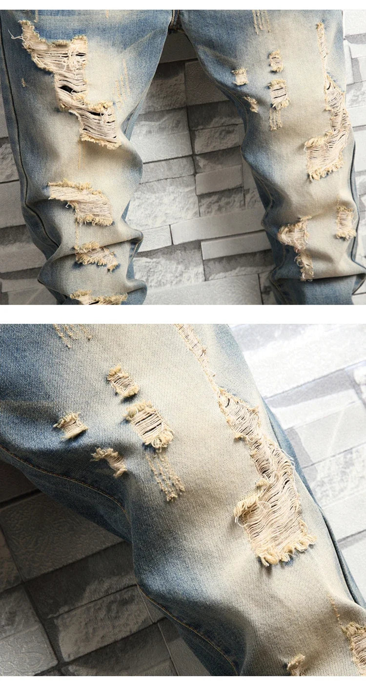 2024 New Retro Distressed Ripped Slim Jeans for Men Street Hip-hop Stretch Straight Fashion Motorcycle Denim Trousers Male PlatiNum