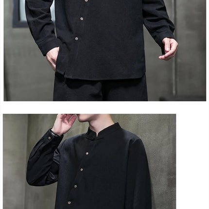 Camicie di lino in cotone Stile cinese Abito tradizionale retrò Tang Top da uomo Kung Fu Tai Chi Camicie casual a maniche lunghe in tinta unita da uomo
