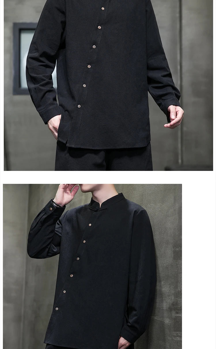 Camicie di lino in cotone Stile cinese Abito tradizionale retrò Tang Top da uomo Kung Fu Tai Chi Camicie casual a maniche lunghe in tinta unita da uomo