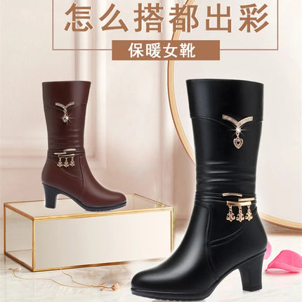 Women Comfortable Fleece Medium Boots Autumn Winter New Style Thick Heel Side Zipper Pointed Fashion High Heels Boots Elegant