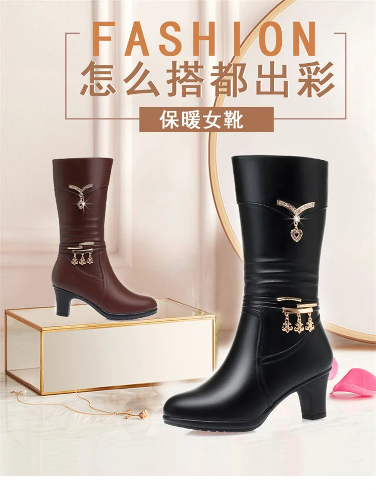 Women Comfortable Fleece Medium Boots Autumn Winter New Style Thick Heel Side Zipper Pointed Fashion High Heels Boots Elegant