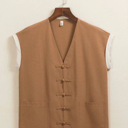 Canotte da Uomo in Cotone Stile Cinese Senza Maniche, Gilet Casual Vintage con Scollo a V, Traspiranti Estivi, Vestibilità Ampia