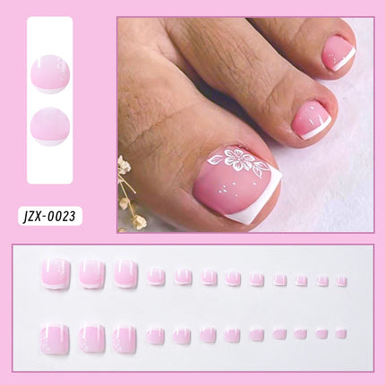 24pcs French Flower Fake Toenails Short Square White Border Press On Nail Tips With 1Jelly Stickers Full Coverage False Nail Tip