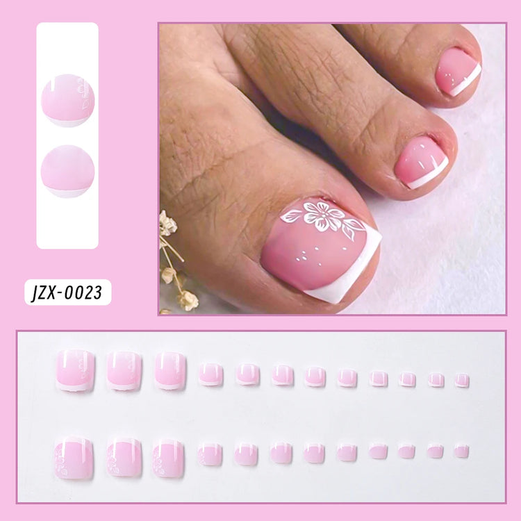 24pcs French Flower Fake Toenails Short Square White Border Press On Nail Tips With 1Jelly Stickers Full Coverage False Nail Tip