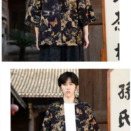 Camicie in Lino Stile Etnico con Stampa Yukata per Uomo e Donna, Abbigliamento Asiatico, Kimono Giapponese Harajuku, Camicie Retrò da Uomo