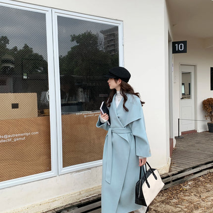High-end Women Double-sided Wool Long Coat Warm Baby Blue Lapel Loose Double Breasted Wool Coat Female Fashion Autumn Winter
