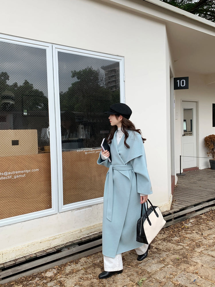 High-end Women Double-sided Wool Long Coat Warm Baby Blue Lapel Loose Double Breasted Wool Coat Female Fashion Autumn Winter