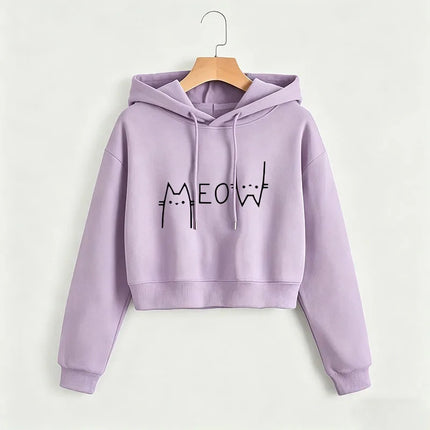 Funny Meow Cat Cropped Sweatshirt Crop Top Hoodie Y2k Sweatshirts Gothic Casual Style Clothes kawaii girls hoodies