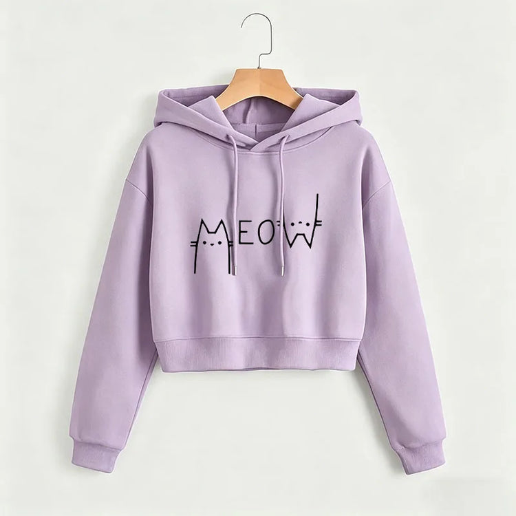 Funny Meow Cat Cropped Sweatshirt Crop Top Hoodie Y2k Sweatshirts Gothic Casual Style Clothes kawaii girls hoodies