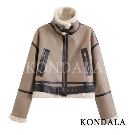 KONDALA Fall Winter Fleece Stand-up Jacket Women's Casual Thickened Warm Zipper Coat 2025 Fashion Retro Motorcycle Style Jacket