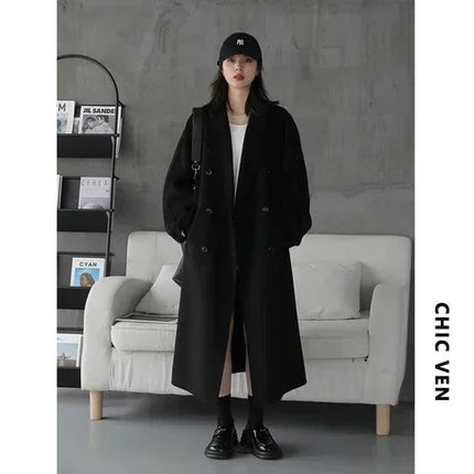 CHIC VEN Women Long Double-sided Woolen Coats Retro Loose Female Overcoat Double Breasted Ladies Windbreak Autumn Winter 2026