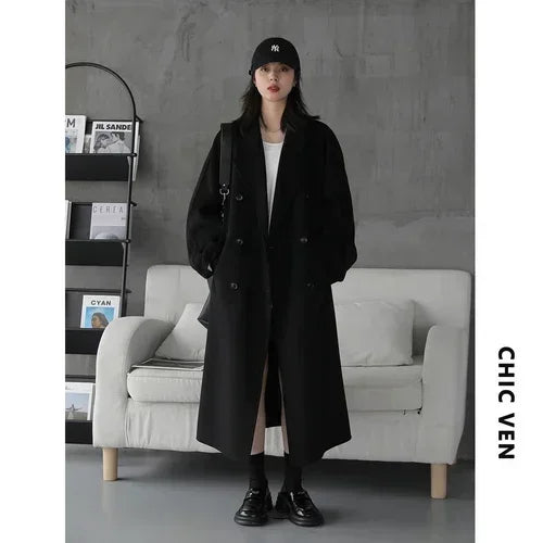 CHIC VEN Women Long Double-sided Woolen Coats Retro Loose Female Overcoat Double Breasted Ladies Windbreak Autumn Winter 2026