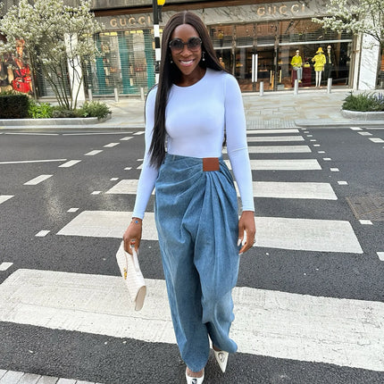 Jeans da Donna a Gamba Larga Lavati a Vita Alta con Pieghe e Effetto Distressed, Denim Vintage Primavera 2026, Pantaloni Femminili Streetwear a Tutta Lunghezza