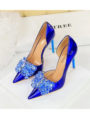 BIGTREE Scarpe con fiocco in strass Décolleté da donna Scarpe da banchetto di lusso Tacchi alti sexy Scarpe da festa con tacco a spillo da donna di grandi dimensioni 41 42 43