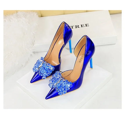 BIGTREE Scarpe con fiocco in strass Décolleté da donna Scarpe da banchetto di lusso Tacchi alti sexy Scarpe da festa con tacco a spillo da donna di grandi dimensioni 41 42 43