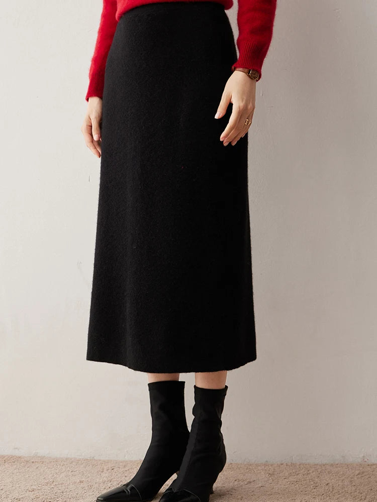 Women's 100% Cashmere Skirts Office Lady Autumn Winter Basic Fit Knitted High Waist Straight Skirt Graceful Long Warm Soft Dress PlatiNum