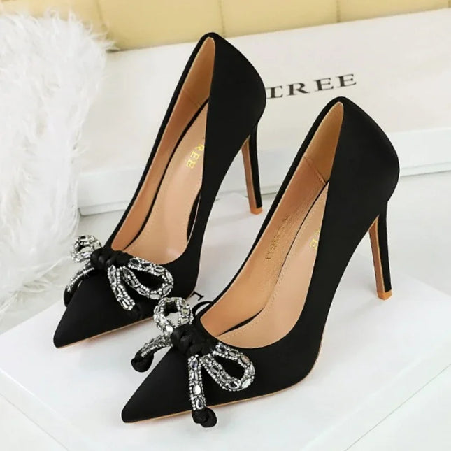 BIGTREE Street Style Luxury Rhinestone Bow Pointed Toe Thin Heel Wine Glass Silk High Heels Women's Pumps