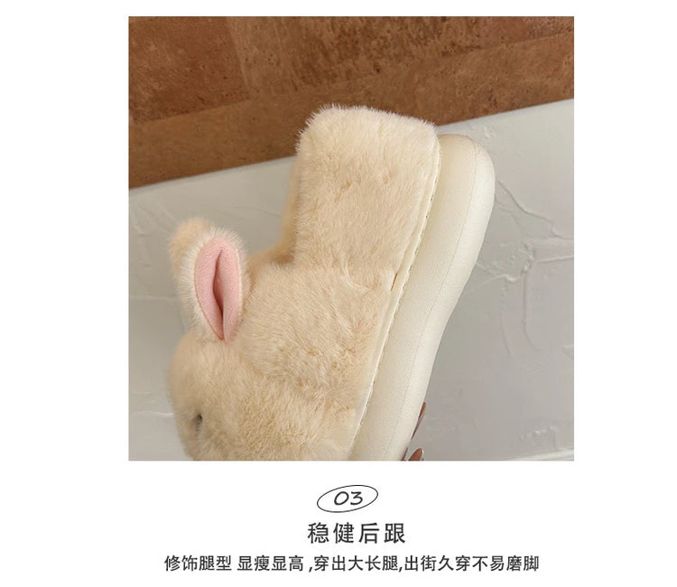 New Cute 3D Rabbit Furry Slippers Women Winter Warm Plush Closed Back House Shoes Non Slip Bunny Indoor Flip Flops Home Slipper
