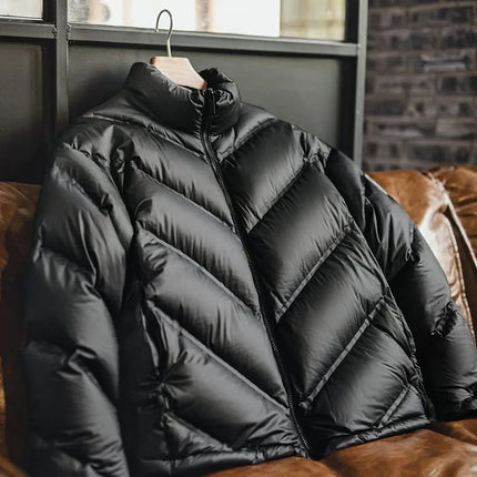 Maden Men's 90% White Duck Down Jacket Black Stand Collar Short Quilted Puffer Jacket Thermal Coat for Winter Streetwear