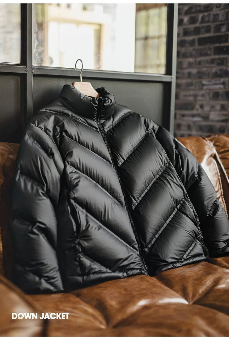 Maden Men's 90% White Duck Down Jacket Black Stand Collar Short Quilted Puffer Jacket Thermal Coat for Winter Streetwear