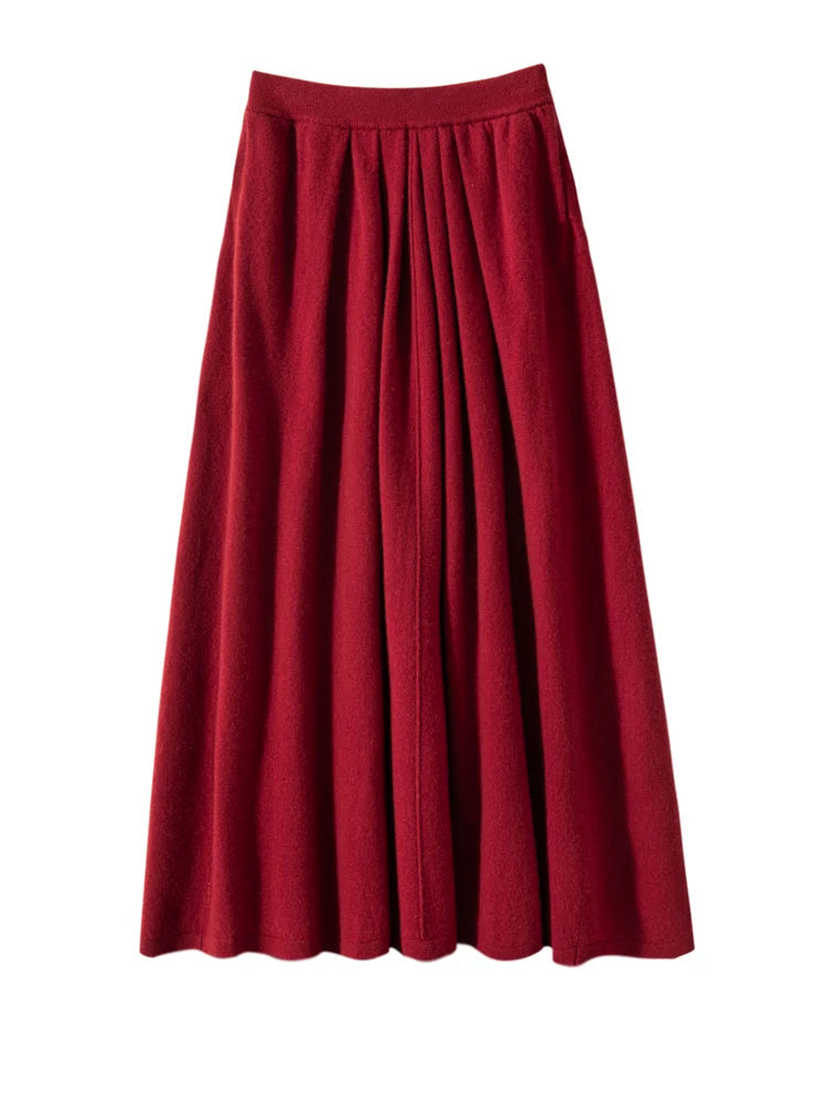 Women's Cashmere Umbrella Skirts Autumn Winter Basic Office Lady Classics 100% Cashmere Knitted A-Line High Waist Pockets Dress PlatiNum
