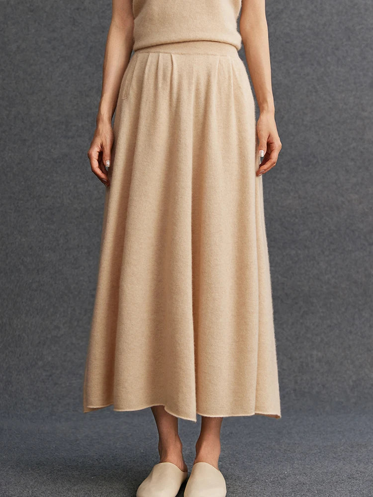 New Women's 100% Pure Cashmere Knitted Full Skirt Autumn Winter High Waisted Mid-calf Ankle-Length Soild Dress Versatile Elegant PlatiNum