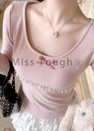 Autunno Inverno Nuovo Dolce Camicetta Rosa Donna Arco Girocollo Manica Lunga Sotto Il Strato Base Magliette e camicette Giapponese Kawaii Vestiti Sottili 2025