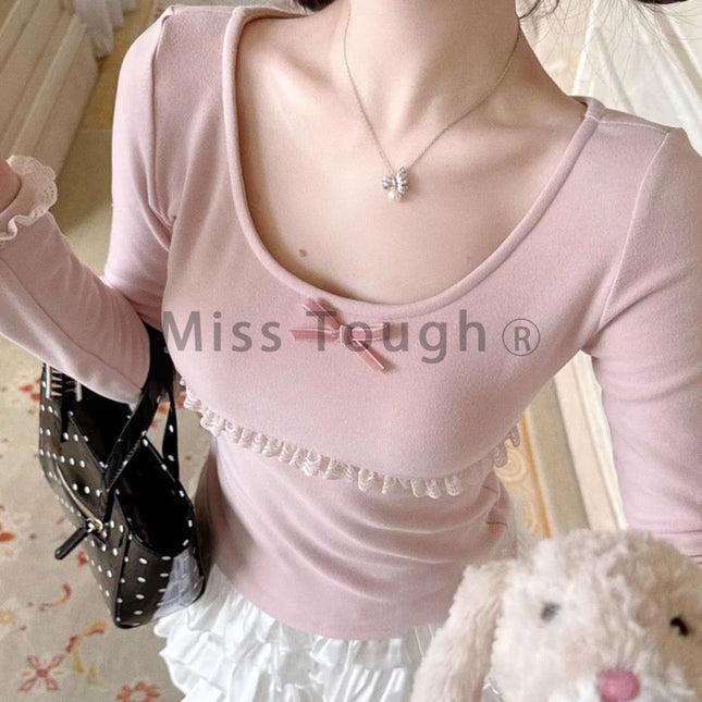 Autumn Winter New Sweet Pink Blouse Women Bow Round Neck Long Sleeve Base Layer T-Shirts & Blouses Japanese Kawaii Thin Clothes 2025