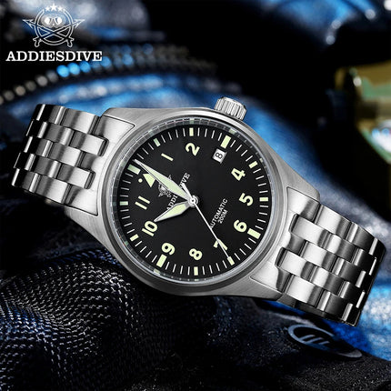 ADDIESDIVE Classic Men's watch Sapphire Automatic 8215 Stainless Steel Pilot watch Leather Luminous 200m Diving Dress Watch New