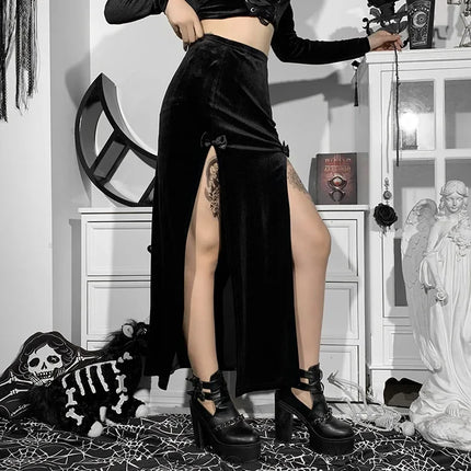 Damen-Punk-Rock-Stil-Rock, neuartiger eleganter langer Rock für Halloween und Festivals, hohe Taille, schlanke Passform, mit sexy Schleife und seitlichem Schlitz, Knielang