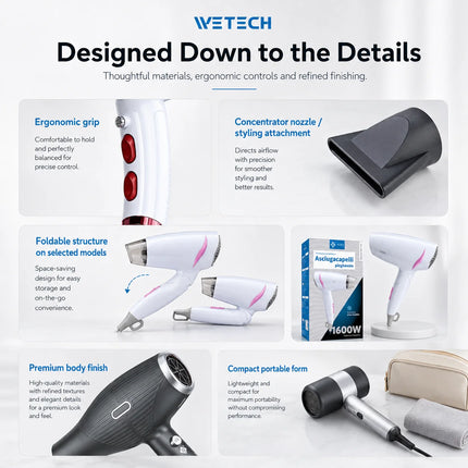 Professional Hair Dryer Collection, Foldable & Compact Household Hair Blow Dryer Series, Multi‑Power 1600‑2200W Ionic Hairdryer for Home Salon Daily Hair Styling